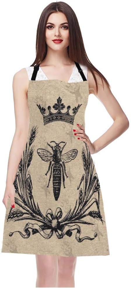 EKOBLA Bee Aprons Vintage Queen Bees Retro Crown Floral Ear Bowknot Black Waterproof Resistant Chef Cooking Kitchen BBQ Adjustable Aprons for Wome...