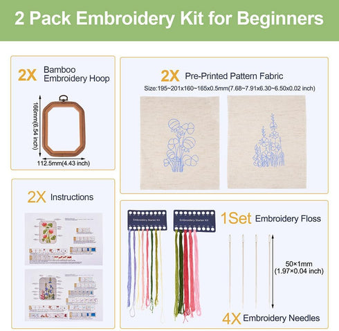 Elecrelive 2 Sets Flower Embroidery Starter Kit for Beginners Adults Stamped Cross Stitch kits 2 Embroidery Hoops & Fabric & Threads & Needles......