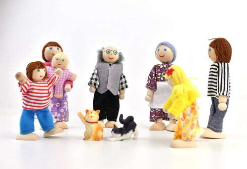 Wooden Dollhouse People, 2-4 inches Doll House Dolls Family with 2 Pets (Dog and Cat)...