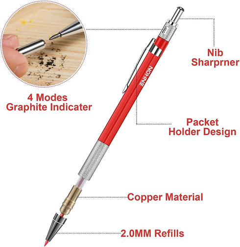 Enhon Mechanical Pencil Set with 4 Carpenter Pencils and 40 Construction Pencil Refill, Woodworking Tools for Carpenters, Long Head Deep Hole Mark...