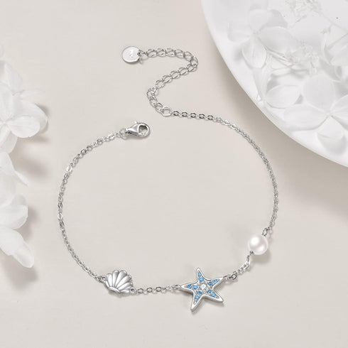 Starfish Ankle Bracelets for Women 925 Sterling Silver Pearl Anklet Boho Ocean Starfish Link Chain Anklets Jewelry Gifts...