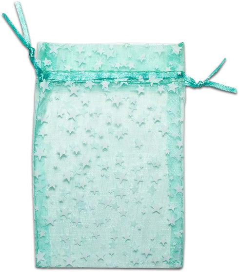 100-Pack 3x4 Sheer Organza Drawstring Gift Bags (Small) - Metallic Stars (Teal/White) - Wedding Party Favors, Jewelry, Candy, Treats Mesh Pouch by...