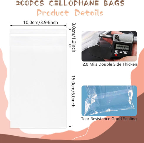 Clear Self Sealing Cellophane Bags: 200Pcs 4x6 Inches Cookie Bags Resealable Cello Bags for Packaging Cookies, Candy, Treat, Gifts, Snacks, Favors...