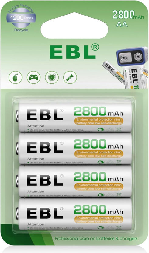 EBL AA Rechargeable Batteries,1.2V NiMH Double A Battery 2800mAh High Capacity Pre-Charged Long Lasting - 4 Pack...