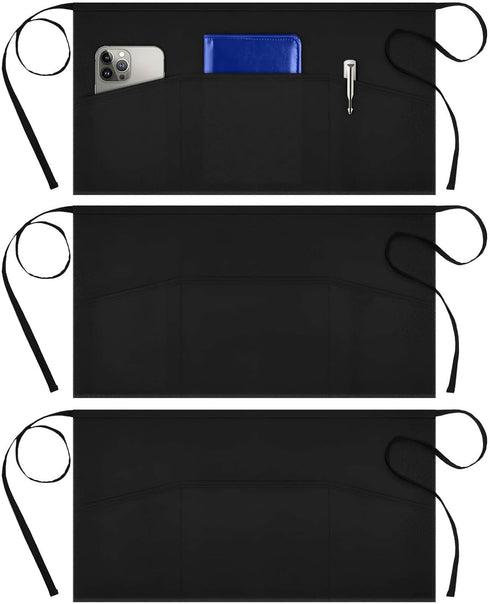 Syntus 3 Pack Server Aprons with 3 Pockets, Waterdrop Resistant Waitress Waiter Waist Apron, 11.5-inch Black...