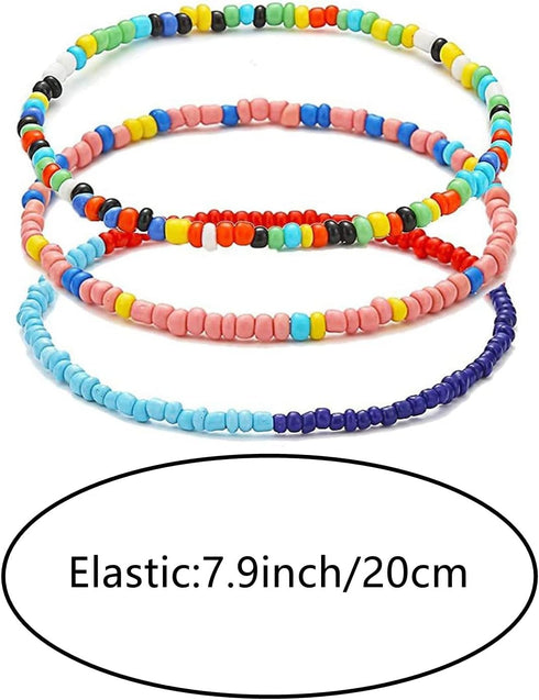 24Pcs Colorful Beaded Anklets Boho Handmade Beaded African Anklets Multicolor Seed Beads Stretch Ankle Bracelets for Women Elastic Foot and Hand C...