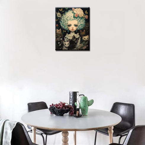 Curly-haired Doll and Her Cat DIY Oil Paint by Numbers for Adults Beginners Without Frame Cool Dolls Painting by Number on Canvas with Brushes and...