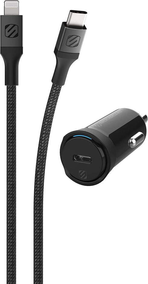 Scosche CPD20Ci4B4 Powervolt 20W USB Type-C PD 3.0 Black Fast Car Charger with MFi Certified USB-C to Lightning Charge & Sync Braided Space Gray 4...