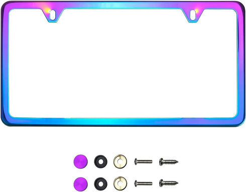 Two Hole Slim Version Neon Neo Chrome Mirror License Plate Frame T304 Stainless Steel + Metal Screw Caps...