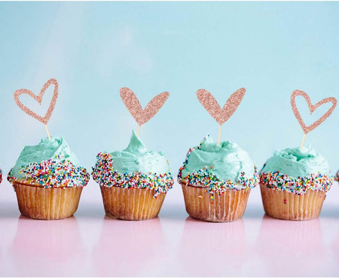 24 PCS Rose Gold Glitter Heart Cupcake Toppers Cute Design Love Cupcake Toppers for Wedding Bridal Anniversary Baby Shower Party Decorations Suppl...
