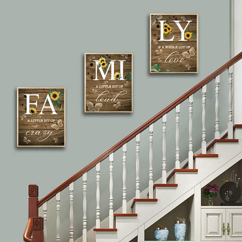 Family Sunflower Butterfly Wall Decor, Inspirational Family a Little Bit of Crazy Loud Love Rustic Wood Sign Wall Art for Living Room Set of 3(8"X...