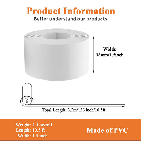 White Caulk Tape Sealant Strip for Bath & Kitchen, 1.5''x10.5FT PVC Self Adhesive Caulk Strip Waterproof Caulking Sealing Strip Tape for Toilet Ba...
