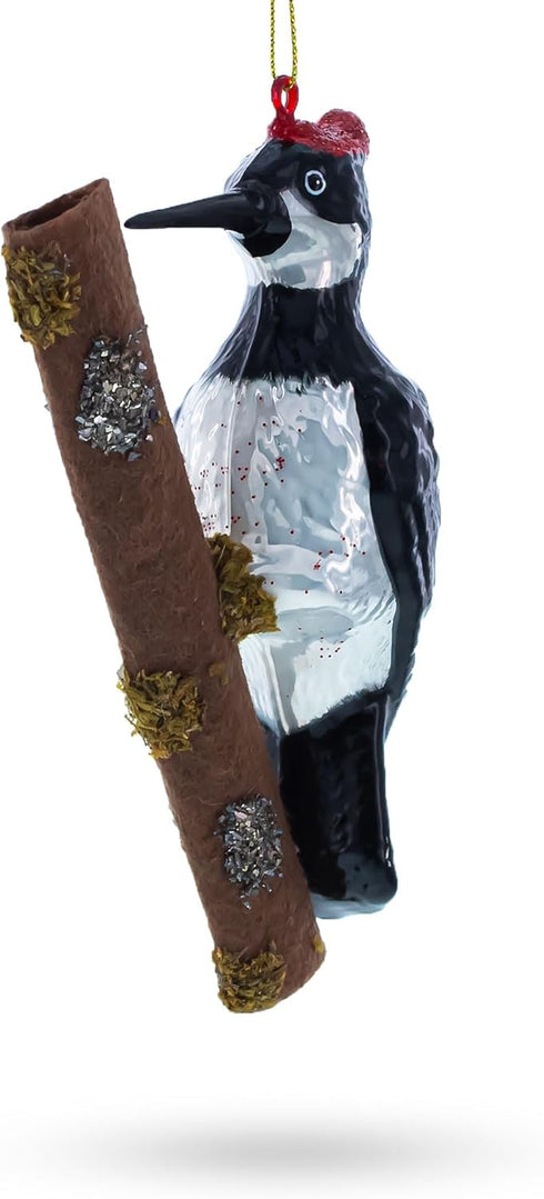 Woodpecker Perched on a Branch Glass Christmas Ornament...