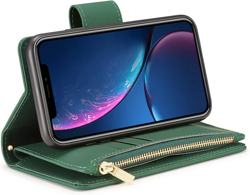 EYZUTAK Case for iPhone XR, Glossy PU Leather 9 Card Slots Magnetic Closure Detachable Wrist Strap Zipper Wallet Shockproof Removable Back Cover C...