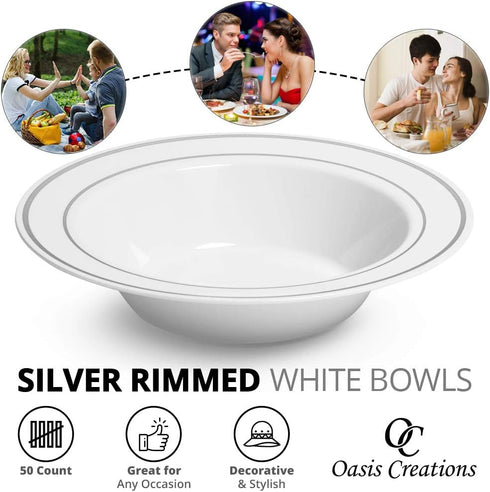 Silver Rimmed White Bowls - 5 ounce - 50 Count - Hard Plastic - Disposable or Reusable - Dessert Bowls - Salad Bowls- Cereal Bowls - Pasta Bowls...