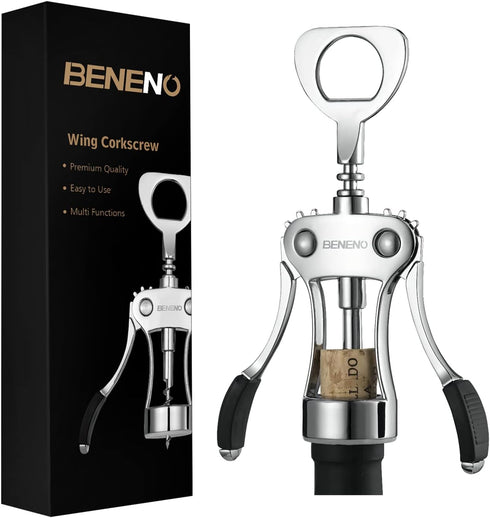 Beneno Wine Opener, Zinc Alloy Premium Wing Corkscrew with Multifunctional Bottles Opener, Sharp Wine Corkscrew with Ergonomic Non-Slip Wing Handl...
