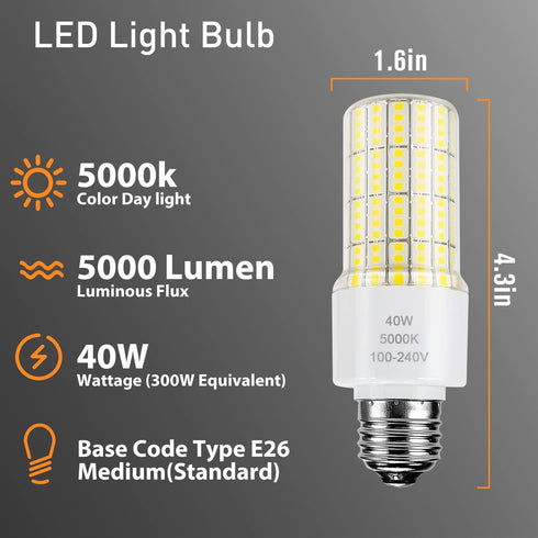 ZP A19 Led Light Bulb 300W Equivalent 40W Bulbs 5000 Lumen 5000K Cool Daylight White E26/E27 Base Waterproof Lighting for Outdoor Indoor Garage Wa...