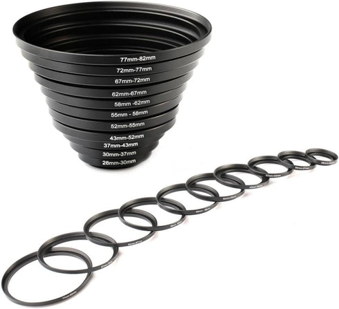 K&F Concept 11pcs Metal Stepping Rings Step Up Ring Set 26-30MM 30-37MM 37-43MM 43-52MM 52-55MM 55-58MM 58-62MM 62-67MM 67-72MM 72-77MM 77-82MM Co...