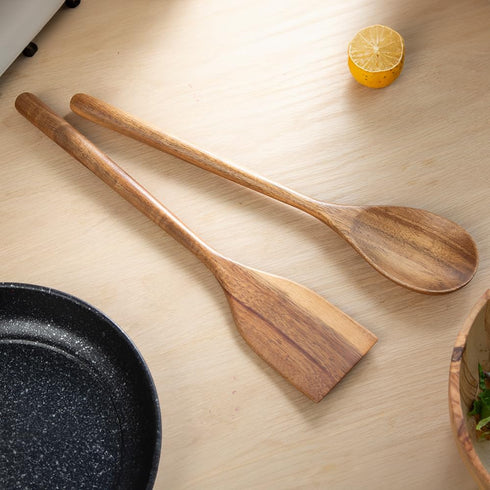 Giant Acacia Wood Cooking Utensils, Strong Wooden Spoons Spatula, 17" Long Handle Kitchen Utensil for Cooking, Large Wood Scoop Spoons Serving Hea...
