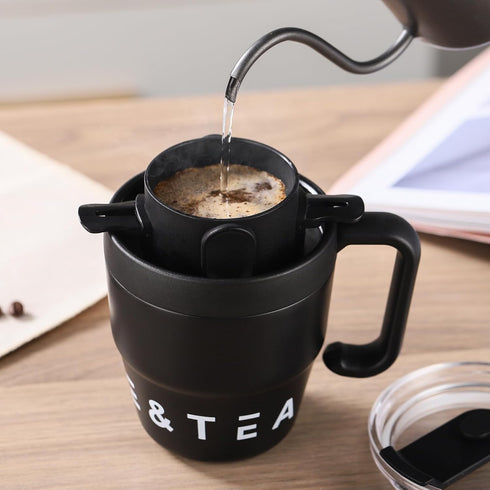 Bincoo 480ML Stainless Steel Coffee Mug with Straw-Pour Over Coffee Maker Set with Collapsible Coffee Dripper Thermal Coffee Mug for Home Office (...