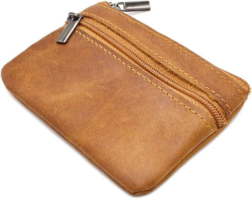 Women Genuine Leather Coin Pouch Zip Mini Purse Wallet Key Chain Double Zipper...