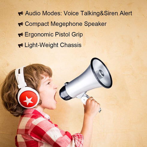 MyMealivos Portable Megaphone Bullhorn 20 Watt Power Megaphone Speaker Voice and Siren/Alarm Modes with Volume Control and Strap (Silver)…...