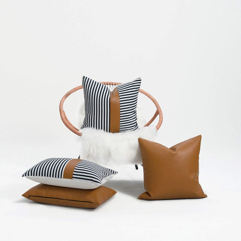 Hofdeco Faux Leather and 100% Cotton Pillow Cover Only, Camel Black Modern Design Stripes, 12"x20"...