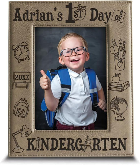 BELLA BUSTA-Personalize My First Day of Kindergarten- kids School Keepsake Engraved Leather Picture Frame (5 x 7 Vertical (kindergarten))...