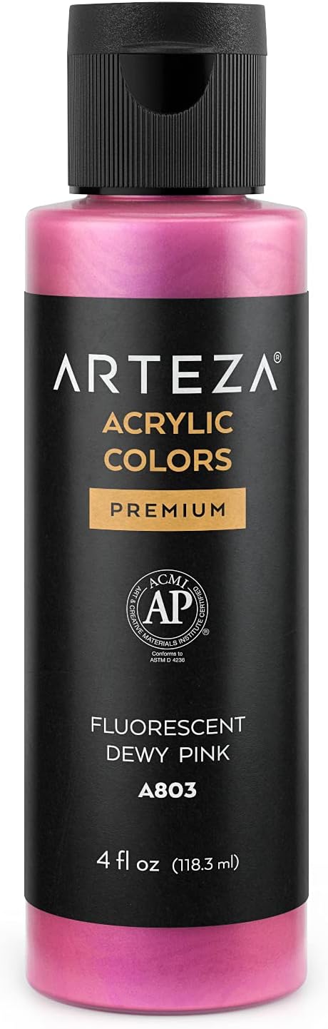 ARTEZA Iridescent Acrylic Paint, Fluorescent Dewy Pink, 118 ml Bottle, Heavy Body Acrylic Paint, Professional Art Supplies for Acrylic Painting...