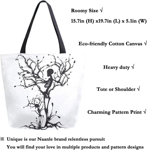 Naanle Skull Canvas Tote Bag Large Women Casual Shoulder Bag Handbag, Tree of Life Reusable Multipurpose Heavy Duty Shopping Grocery Cotton Bag fo...