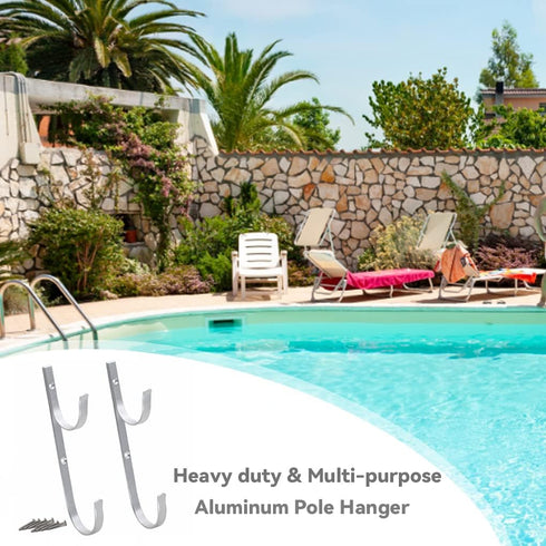 WWD POOL Swimming Pool Aluminum Pole Hanger Set, Blue, 1-Pack (2 Hooks), for Telescoping Poles, Leaf Rakes, Skimmers, Nets, Brushes, Vacuum Hoses ...