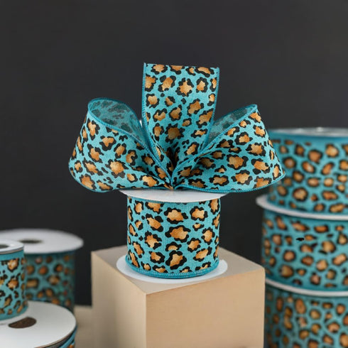 Craig Bachman 2.5" Metallic Leopard Print Ribbon: 10 Yards (Light Teal) Craft Floral Arrangement Gift Wrapping Wired Edge Ribbon...