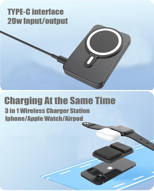 Magnetic Wireless Power Bank,3 in 1 Slim 10000mAh Wireless Portable Charger Mag-Safe Battery Pack Compatible with iPhone 14/13/12/Pro/Mini/Pro Max...