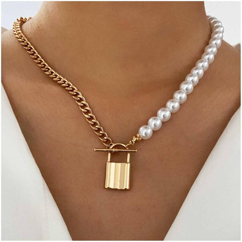 Punk Lock Pendant Necklace Big Pearl Choker Necklace Gold Curb Chain Necklace Vintage Toggle Necklace Choker Jewelry for Women and Girls...