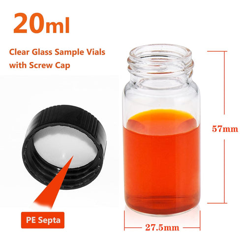 20 PCS 20ML (5 dram) Clear Small Liquid Sample Glass Vials with Screw Caps, 27.5mm Diameter x 57mm Length Leak-Proof Vial, 24-414 Black Screw Cap ...