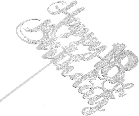 Silver Glitter Happy 18th Birthday Cake Topper - 18th Birthday Cake Topper, 18th Birthday Party Decoration...