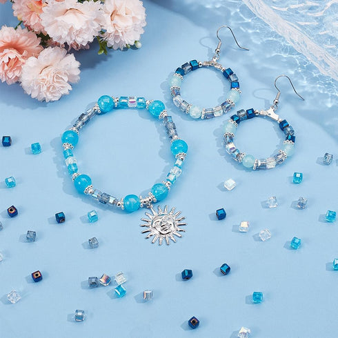 SUNNYCLUE 400Pcs 5 Colors Blue Square Glass Beads Blue Glass Cube Bead AB Color Faceted Transparent Glass Crystal Blue Cube Tiny Spacer Bead for J...