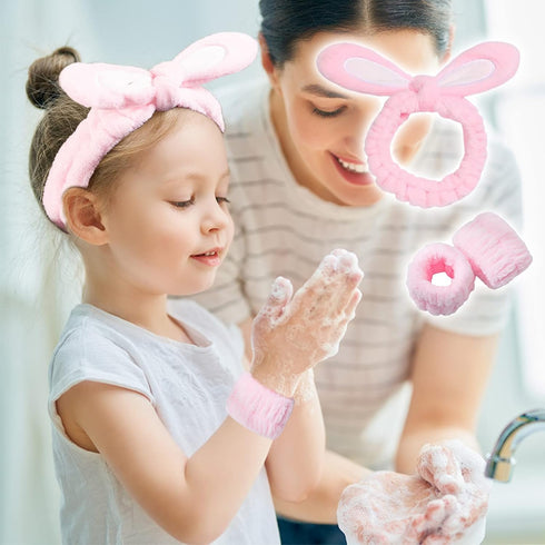 3-Pack Spa Headband and Wristband Set,Soft Plush Makeup Skincare Headband Wrist Bands Cute Bunny Rabbit Ears Face Wash Headband and Towel Wristban...