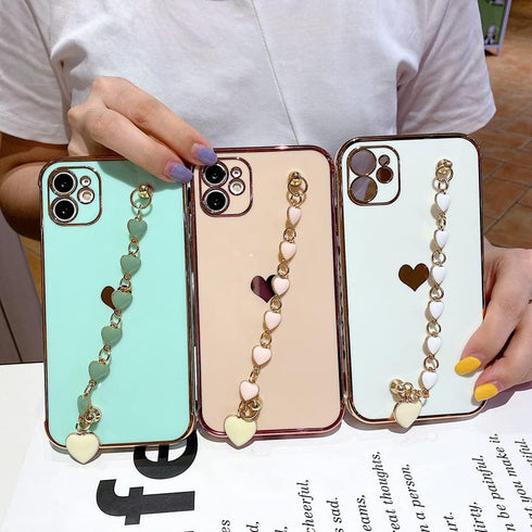 BANAILOA Compatible with Phone 13 Case Hearts,Luxury Cute Case with Chain Strap for Women Girls Camera Drop Protective Phone Cover - 6.1 inch (Gre...