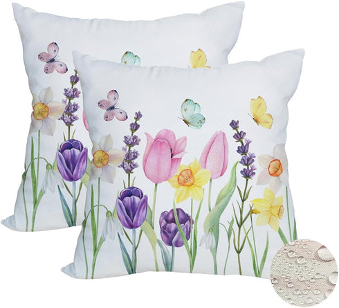 2 Pack Waterproof Spring Floral Pillow Covers 16x16 Inch Pink Tulip Flower Lavender Butterfly Throw Pillow Covers Outdoor Spring Summer Farmhouse ...