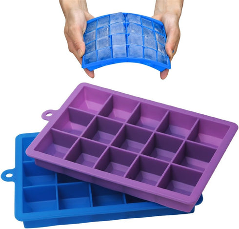 AYI&AYEE Silicone Ice Cube Trays with Lids - 2 Pack - 15 Cavities 1 2/5 inch (2 tbsp / 30ml / 1 fl oz) Square Ice Cubes Baking Molds - BPA free - ...