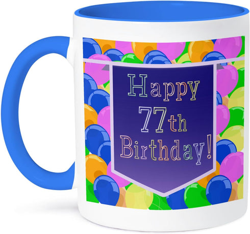 3dRose Balloons With Purple Banner Happy 77th Birthday Two Tone Mug, 11 oz, Blue...