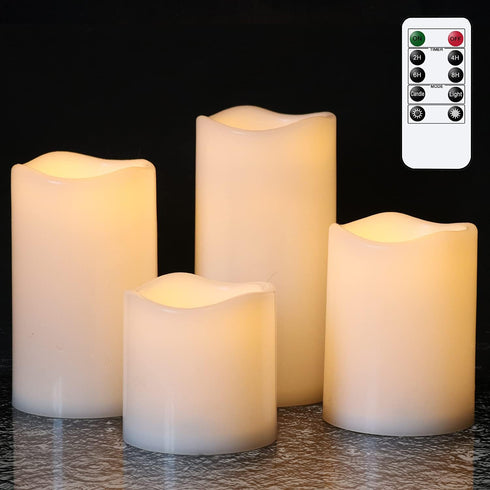 DRomance Flameless Flickering Candles with Remote Timer, Battery Operated Outdoor Waterproof White Plastic LED Pillar Candles Set of 4(3 x 3,4,5,6...