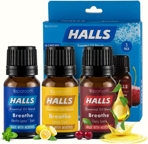 Halls Breathe Essential Oil Variety Pack – Mentho-Lyptus, Lemon, Cherry – Menthol Essential Oil for Relaxing Ambiance, Menthol Oil with Uplifting ...