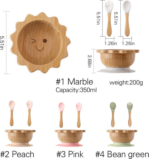 Bamboo Suction Bowl for Baby Kid Toddler Bowl Spoon Fork Set with Removable Silicone Suction All-Natural Baby Feeding Set for Baby-Led Weaning Fit...