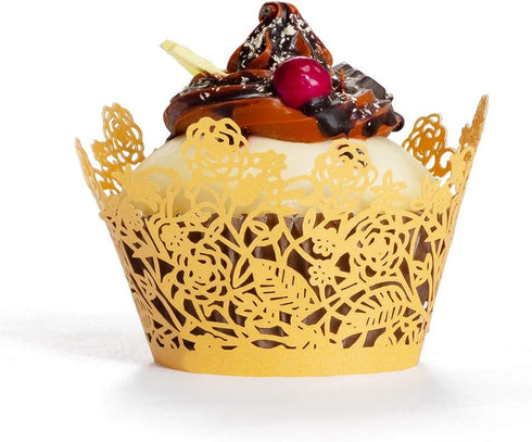 60pcs Gold Rose Lace Cupcake Wrappers Holders, Laser Cut Cupcake Liners Decorative Liners for Wedding Party Birthday Cake Decoration Supplies...