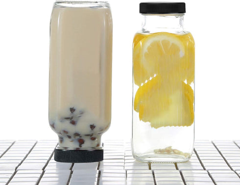 Encheng Beverages Drinking Bottles 12oz,Glass Water Botttle with Lids,Octagonal Vintage 350ml,Juice Bottles for Storage Tea,Kombucha,Milk Smoothie...