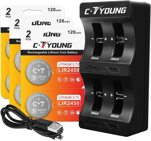 LIR2450 Rechargeable Button Battery Lithium Coion Cell 3.7V 6-Pack with Universal Battery Charger Replacing 3V Cr2450 Batteries...