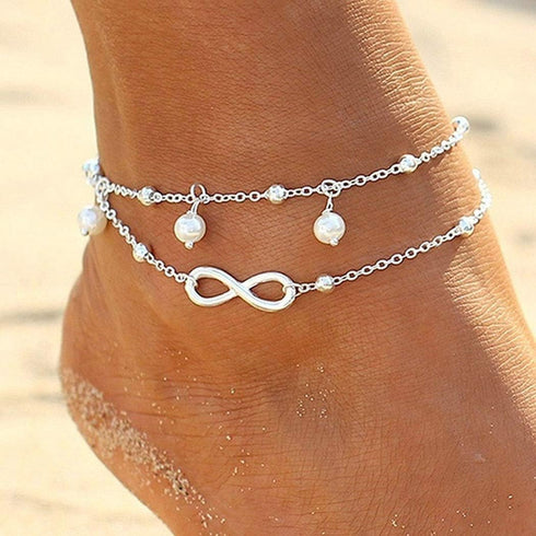 Boho Infinite Anklet Bracelets Pearl Layered Anklet Chain Silver Beach Foot Jewelry for Women...