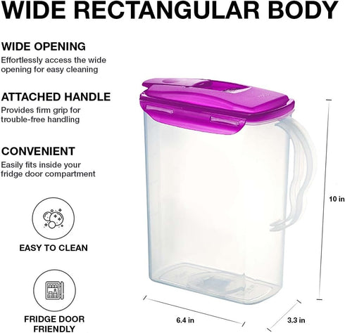 LocknLock Aqua Fridge Door Water Jug with Handle BPA Free Plastic Pitcher with Flip Top Lid Perfect for Making Teas and Juices, 3 Quarts, Purple...